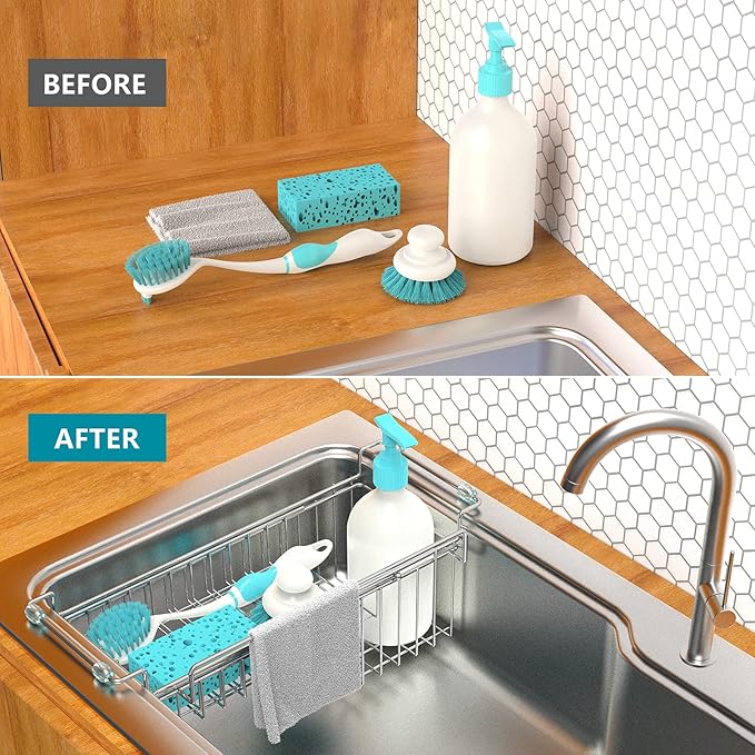 Over The Kitchen Sink Caddy Sponge Holder Organizer Drying Rack Expandable for Sponge Brush Soap Dish Cloth Rag 14.5" to 22", Stainless Steel