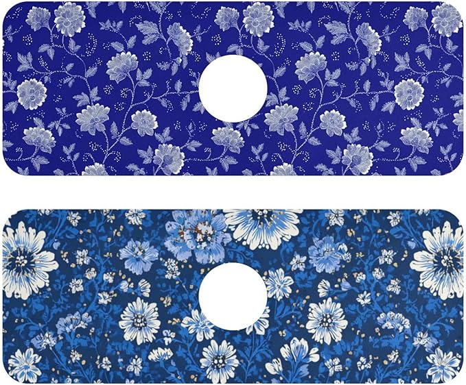 Blue and White Leaf Flower with Borders Kitchen Sink Splash Guard Sink Faucet Mat Faucet Handle Drip Catcher Drain Mats for Kitchen Bathroom Countertop Absorbent