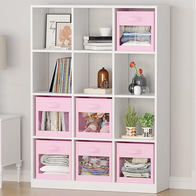 SpaceAid Storage Cubes with Clear Windows, Set of 6 Fabric Bins, 11 Inch Foldable Baskets Boxes for Closet, Cubby Shelf or Cube Storage Organizer, Pink