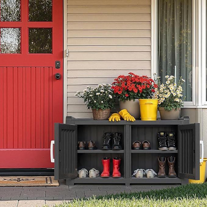 ROJIK Shoe Cabinet Waterproof UV-Resistant,Storage Bench Indoor Outdoor with Adjustable Shelves,for Entryway Bedroom,Hallway,Living Room(Double Door,Black)