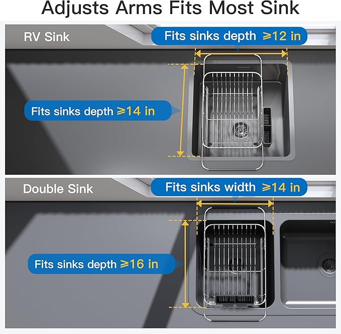 Apartment RV Small Dish Drainer Drying Rack Over The Sink In Stainless Steel for Narrow Kitchen, Counter Space Saving Compact Expandable Metal Plate Dryer Strainer, Modern Above Wire Drain Holder