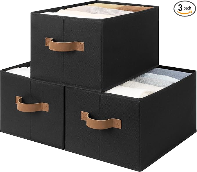 StorageWorks Storage Bins for Shelves, Closet Organizers and Storage Baskets, Fabric Clothes Organizer, Foldable Laundry Baskets, Black, 3-Pack, Large