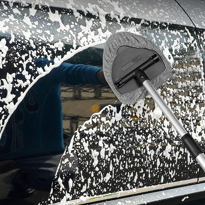 Ziciner Car Windshield Cleaner, Microfiber Auto Cleaning Wiper with Aluminum Extendable Handle and 2 Washable Reusable Cloth Pad Head, Universal Vehicle Interior Exterior Cleaner Kit (Gray-Triangle)