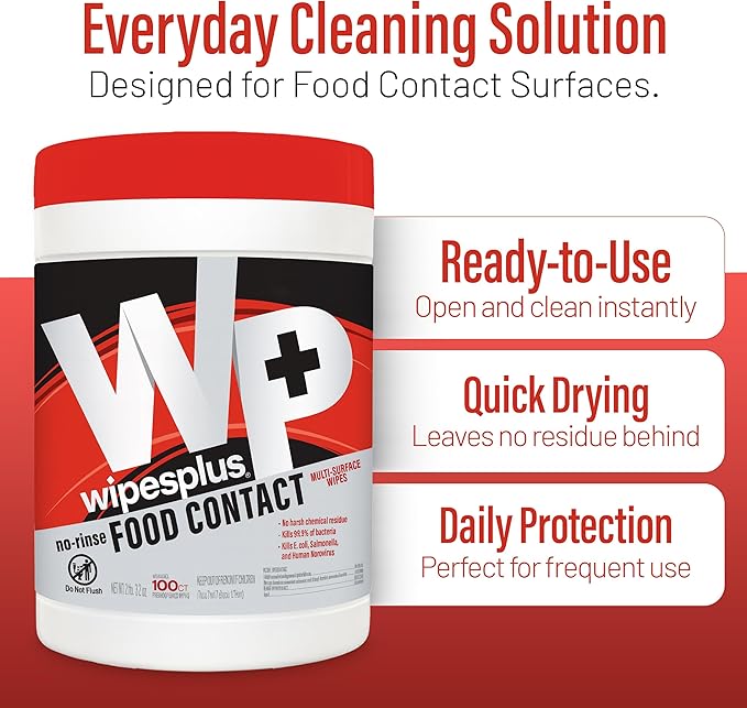 WIPESPLUS No-Rinse Food Contact Wipes Canister Multi-Surface Wipes, Unscented for Home and Business, 100, (1 Pack of 100)