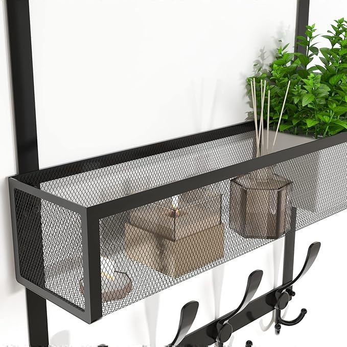 Kaiferty Over The Door Hooks Organizer,Over Door Hanger Towel Rack Mesh Basket with 12 Hooks,Back of Door Storage Organizer for Bedroom,Bathroom,Kitchen,Office(Black)