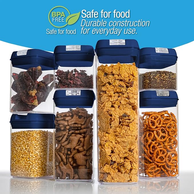 Set of 7 Airtight Food Storage Containers - Pantry Organizer Bins, BPA Free Plastic Containers plus Dry Erase Marker and Labels, Navy Blue