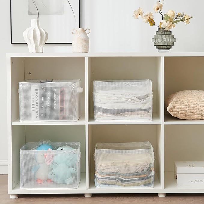Clear Large Storage Baskets for Shelves, Collapsible Storage Bins with Handles for Clothes, Sheets, Books | Shelf Baskets for Home and Closet Organizer (Clear, 3 Pack)