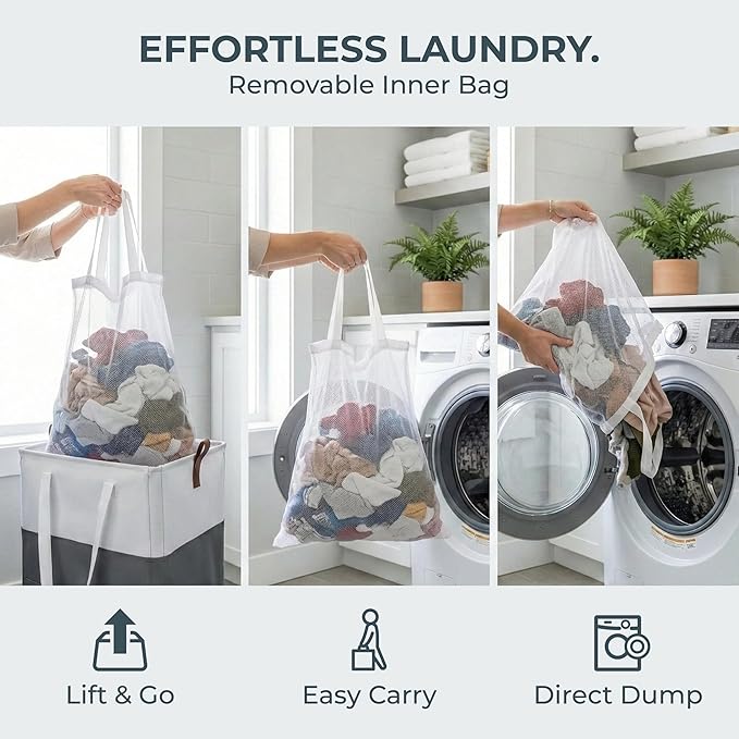 Laundry Basket with Wheels – Foldable, Space-Saving, Fabric Slim Laundry Hamper with Removable Bag and Side Pouches – Lightweight 75L Washing Basket for Clothes, Bedroom, Bathroom, Dorm