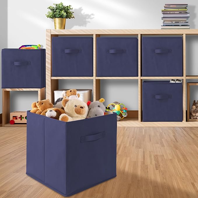 Casafield Set of 6 Collapsible Fabric Cube Storage Bins, Navy Blue - 13" Foldable Cloth Baskets for Shelves, Cubby Organizers & More