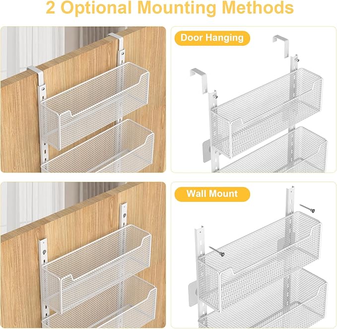 Over the Door Organizer, 8-Tier Pantry Organizer with Fully Enclosed Mesh Baskets, Heavy-Duty Metal Hanging Spice Rack for Kitchen Bathroom Laundry Room, 2-in-1 Wall Mount or Door Mount, White