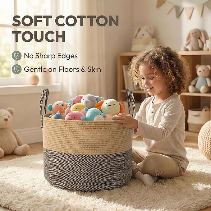 115L Extra Large Blanket Basket for Living Room - Woven Cotton Rope Laundry Hamper with Reinforced Handles - Storage Bin for Pillows, Comforters & Toys - Machine Washable,Jute&Black