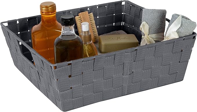 Simplify 2 Pack Large Storage Shelf Totes with Woven Strap in Grey | Decorative | Baskets | Organization | Accessories | Drawer | Desk | Closet | Bathroom | Bedroom | Nursery | Toys | Gifts