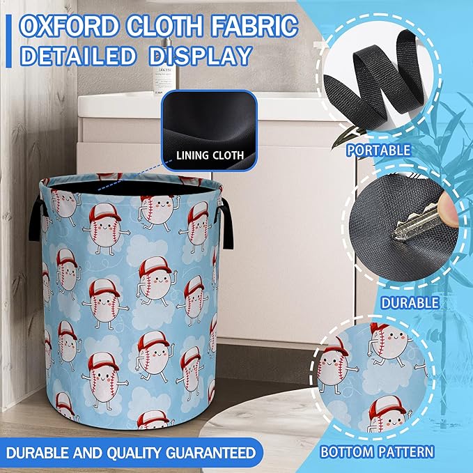 Cute Baseball Laundry Basket Oxford Cloth Funny Ball Cartoon Laundry Hamper With Handle Foldable Portable Clothes Storage Basket 18.9 X 16.5 In Storage Bag For Laundry Room/Bathroom/Bedroom