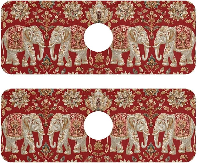 Kitchen Sink Splash Guard 2 PCS 14.7 Inch Sink Faucet Mat Splash Guard for Bathroom Countertop Water Absorbent Foldable Cuttable Soft Washable Red Retro Elephant Flowers