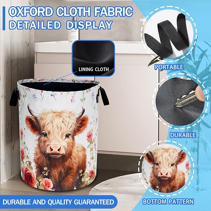 Cute Highland Cow Laundry Basket Oxford Cloth Animal Laundry Hamper With Handle Foldable Portable Clothes Storage Basket 18.9 X 16.5 Inch Storage Bag For Laundry Room/Bathroom/Bedroom/Dormitories