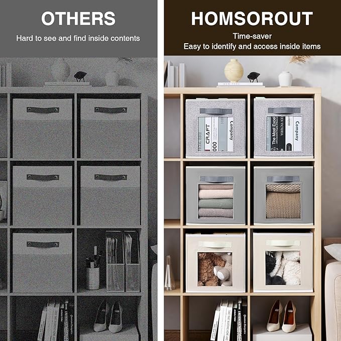 Bins for Closet Organization - Cubby Storage Organizer with Window, Closet Baskets for Shelves, Folding Cubes for Storage, Storage Bins for Home, 11inch, Set of 8, Grey