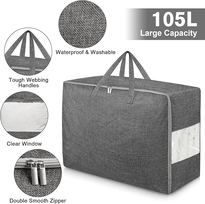 2Pack 105L Extra Large Storage Bags, Folding Comforter Blanket Storage Bags Closet Organizers and Storage Containers with Strong Handles&Zippers Clear Window for Clothes Bedding Pillow, Black