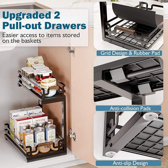 BXINREDA Under Sink Organizer, 2 Tier Slide Out Storage for Bathroom Kitchen (2 Pack)