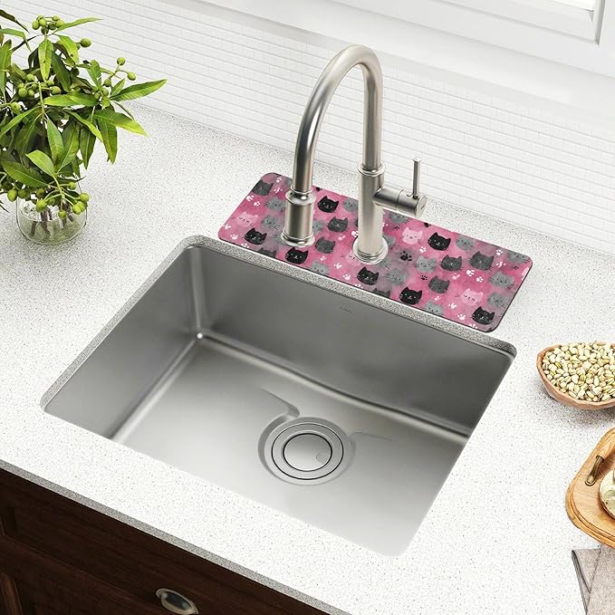 Watercolor Pink Cat Faces Paw Print Sakura Hearts Kitchen Sink Splash Guard Sink Faucet Mat Faucet Handle Drip Catcher Drain Mats for Kitchen Bathroom Countertop Absorb