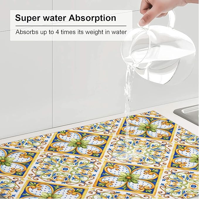 3Pcs Italian Majolica Tiles Dish Drying Mat & Kitchen Sink Splash Guard Faucet Mat For Kitchen Counter Absorbent Microfiber Dishes Pad Dish Drainer Rack Mats Fast Dry Kitchen Accessories