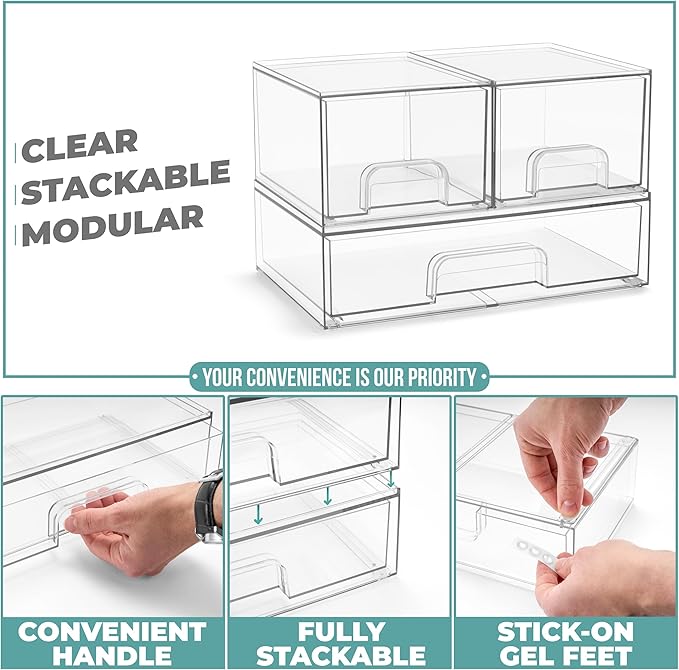 Sorbus Acrylic Storage Containers - 3 Pack, Stackable Storage Bins Set for Bathroom Organization - Clear Acrylic Drawer Organizers - Makeup Case Pull-Out Drawers (4.4’’ Tall and 12.1’’ Wide)