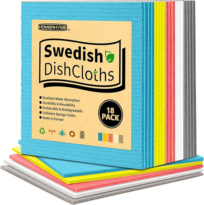 HOMERHYME Swedish Dishcloths, 18 Pack Multicolor Kitchen Cloths, Absorbent Dish Towels for Kitchen, Multipurpose Cellulose Sponge Cloths, Reusable Washable Towels for Home & Kitchen