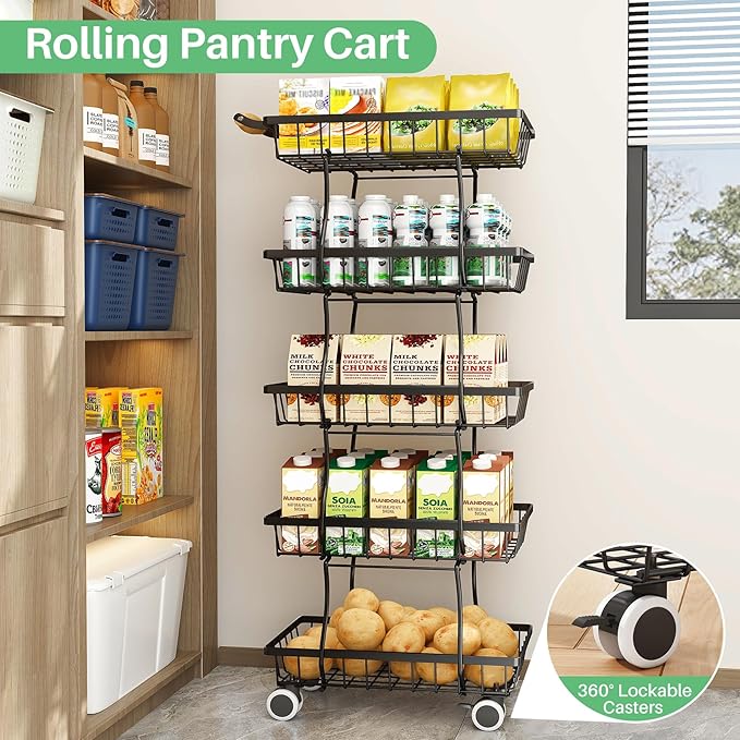 SAYZH Fruit Basket Kitchen Pantry Organizers and Storage - 5 Tier Stackable Metal Wire Basket Stand for Fruit Vegetable Snacks Jars Bins Containers Organization, Black