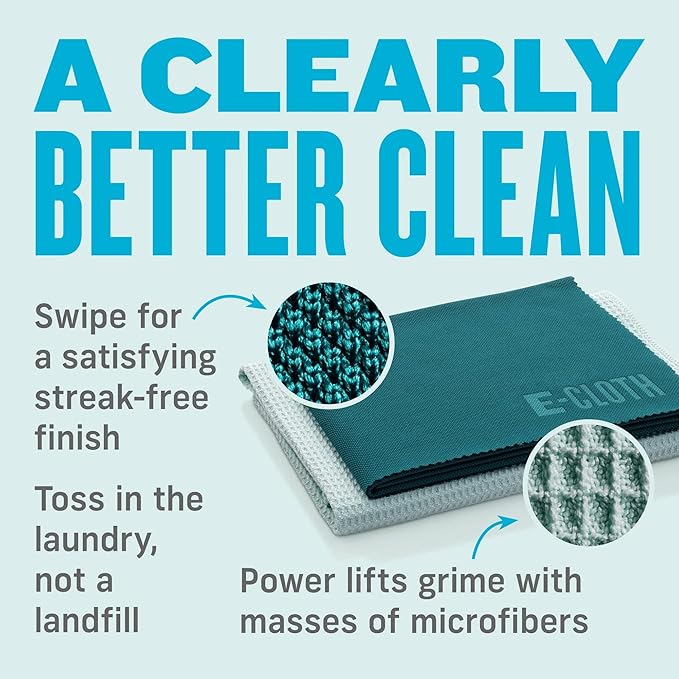 E-Cloth 3-Pack Window Cleaning Cloth - Streak-Free Glass & Mirror Cleaning Kit with Just Water, Glass Cleaning Cloth, Microfiber Towel Kit for Windows, Car Windshield, Mirrors - Alaskan Blue