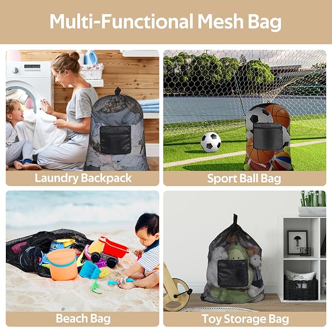 OTraki Mesh Laundry Bag Backpack 24x32 Inch Gym Drawstring Backpack Travel Dirty Clothes Bags with Pocket & Adjustable Shoulder Straps for College Dorm Apartment Don't Drying, Melting 140-176℉ (Black)