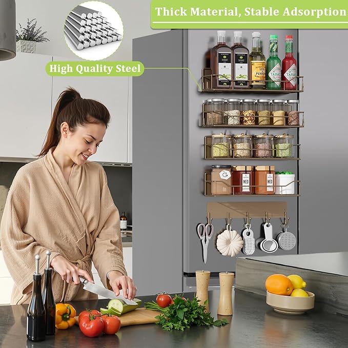 Magnetic Spice Rack for Refrigerator, 5 Pack Metal Strong Magnet Spice Organizer Shelves with Hook Rack, Space Saving Magnetic Fridge Shelf for Home Kitchen Organization and Storage (Brown)