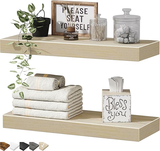 QEEIG Bathroom Floating Shelves for Wall - 15.7" Wall Mounted Shelf Over Toilet Farmhouse Home Decor Display Bookshelf Small 15.7 x 6.7 inch Set of 2, Natural Light Brown (008-40N)