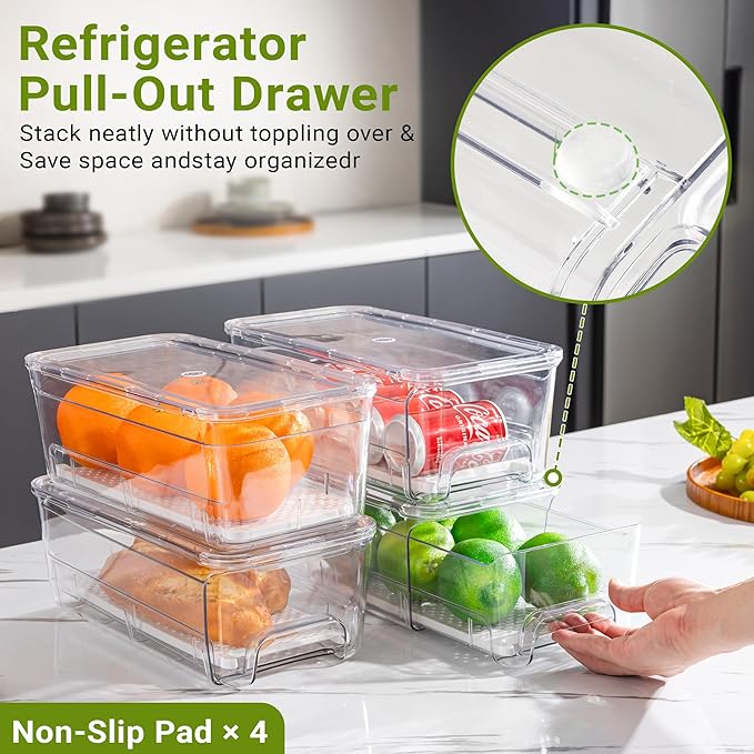 Imncya 6 Pack Stackable Pull-Out Fridge Organizer Drawers, Clear Refrigerator Drawer with Lids, Fridge Stackable Storage Drawers for Veggies, Fruits, Food Storage and Organizer