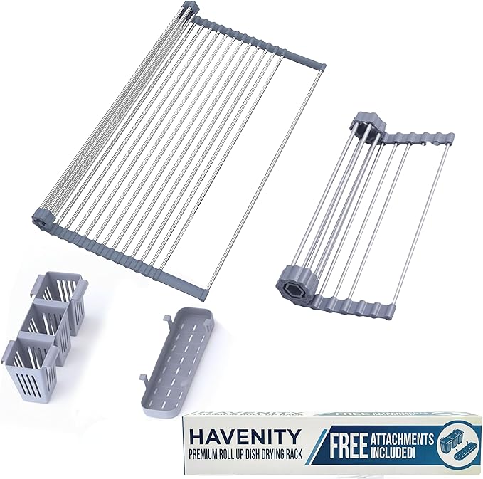 HAVENITY™ Expandable Roll Up Dish Drying Rack - Adjustable Up to 22.75" with 2 FREE Attachments & 2 Removable Baskets, 304 Stainless Steel Over The Sink dish Drying Rack Cover Kitchen Sink Accessories