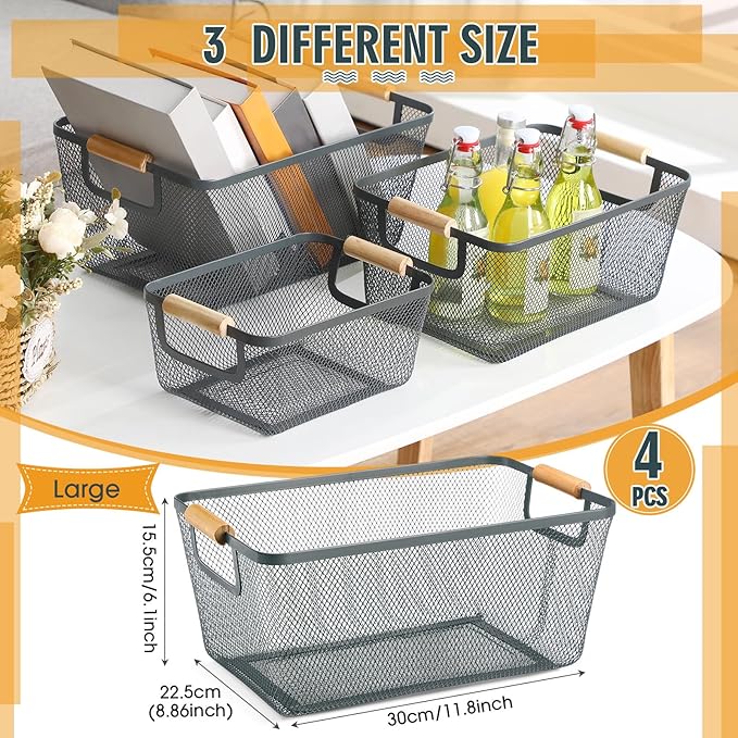 4 Pcs Metal Wire Basket with Wooden Handles Mesh Steel Storage Organizer Bin Containers for Home Organizing Cabinet Pantry Closet Kitchen Fridge Fruit Makeup Snacks Gifts(Large,Dark Gray)