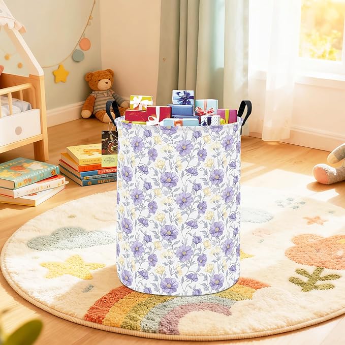 HUNRUNG Laundry Hamper,Large Canvas Fabric Lightweight Storage Basket Toy Organizer Dirty Clothes Collapsible Waterproof for College Dorms（Round-Purple Flowers）