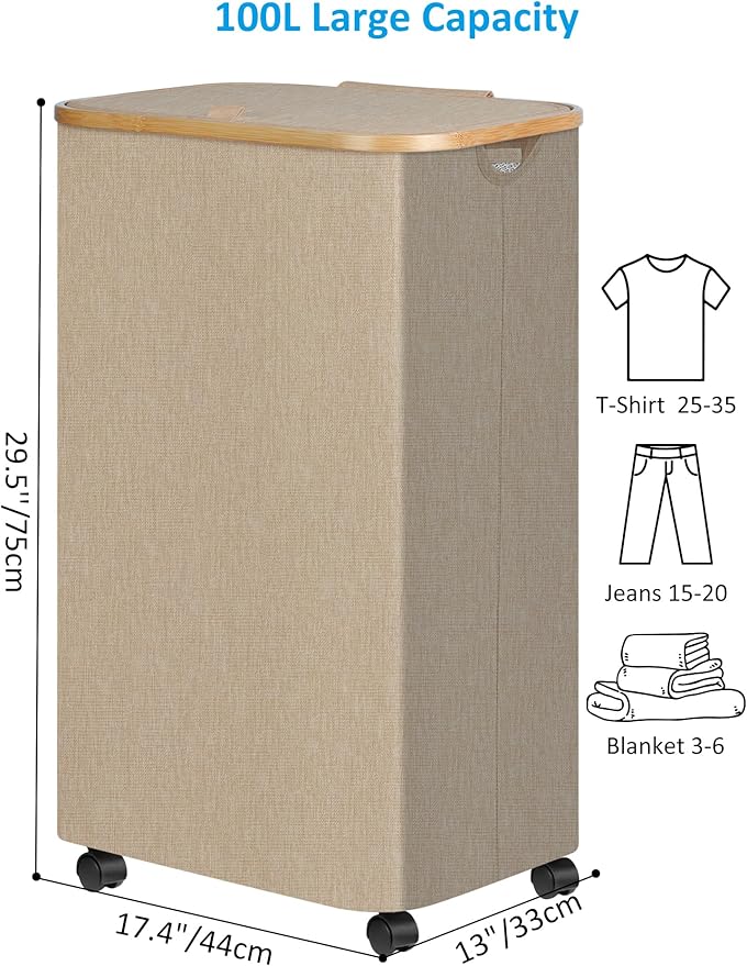 efluky Laundry Basket with Wheels, Tall Rolling Laundry Hamper with Lid and Removable Bag, Aesthetic Dirty Clothes Hamper on Wheels for Laundry Room, Bedroom, Dorm and Bathroom, 100L Oatmeal