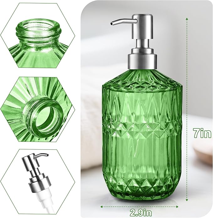 Kaishun 13 Oz Refillable Soap Dispenser, Glass Soap Dispenser for Dispense Hand Soap, Dish Soap, Lotion (Green)