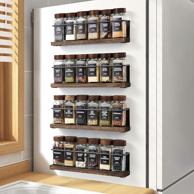 4 Pack Strong Magnetic Spice Rack Organizer for Refrigerator and Microwave Oven, Metal Fridge Shelf, Space Saver for Kitchen Organization and Storage, Black