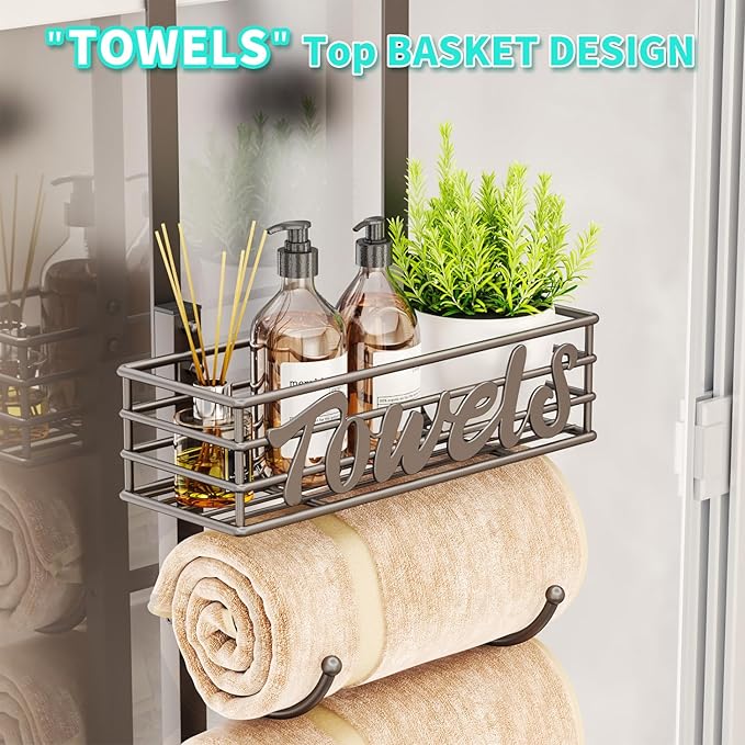 HapiRm Towel Racks for Bathroom Storage - 9 Tier Over The Door & Wall Mount Rolled Towel Storage Organizer Holder with Metal Shelf Basket for Small Bathroom, Camper, Rv - Patented
