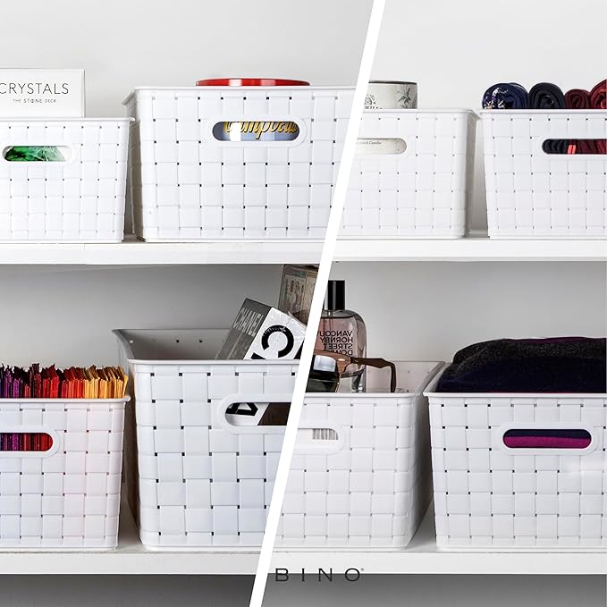 BINO Plastic Storage Baskets - Medium White - Rectangular Cabinet Organizer - Multi-Use Storage with Handles - Space Efficiency and Stock Management