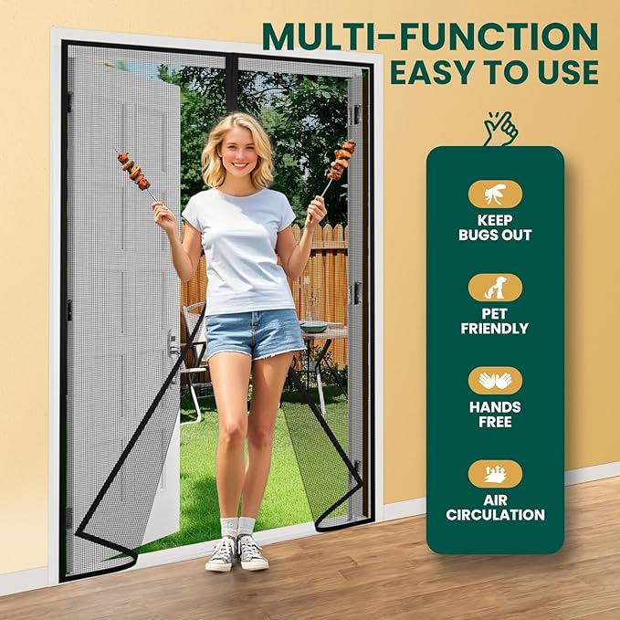 Magnetic Screen Door Mesh with Super Strong Magnets Fit Door Size 36" X 82", Mesh Size 38" X 83" Heavy Duty Door Net Screen for Sliding, French, Single and Patio Doors