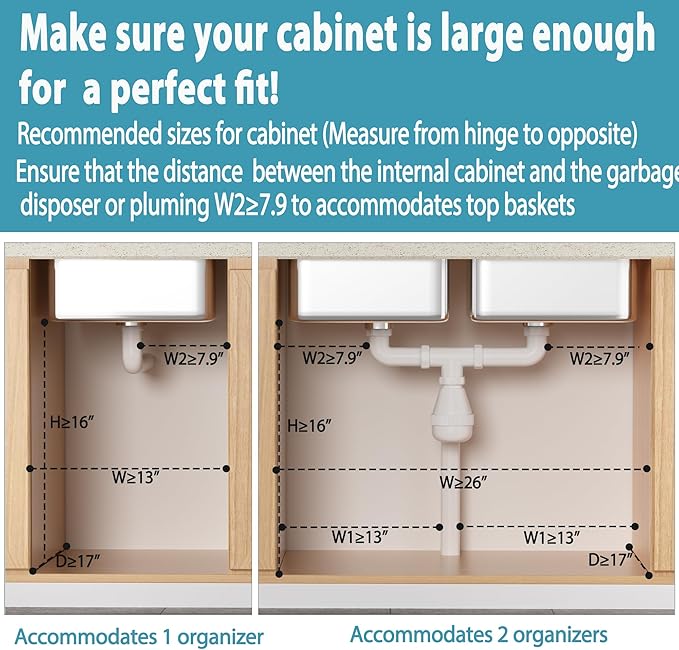 Under Sink Organizer 2 Pack, 2 Tier Slide Out Large Capacity Height Adjustable Under Sink Organizers and Storage for Kitchen Bathroom Cabinet, White