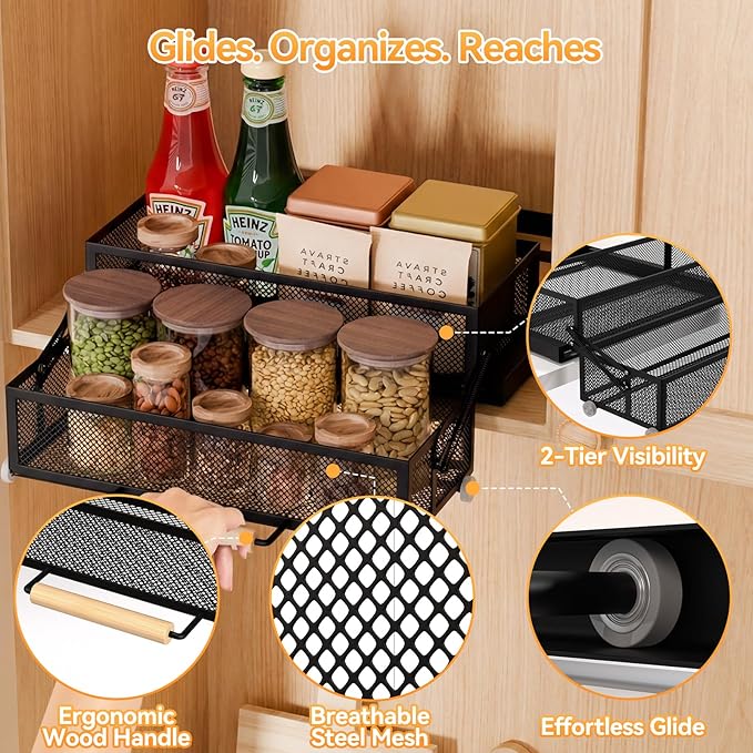 HOUSE AGAIN Pull Out Cabinet Organizer, Recessed 2-Tier Drop Down Storage for High/Deep Cabinets, Compact 12-Inch Hidden Organizer for Spices, Snacks and Small Bottles (Black)