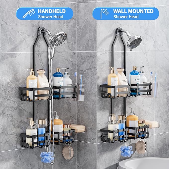Aluminum Shower Caddy Hanging, Never Rust Shower Organizer- 4 Levels with adjustable Height 10 Hooks for Razor/Sponge - Rack with Soap Basket (Black-1)