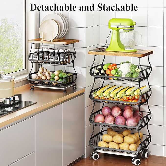 SAYZH Fruit Basket Kitchen Pantry Organizers and Storage - Wooden Top Table, Stackable Metal Wire Basket Stand Cart for Fruit Vegetable Snacks Onion Potato Organization, Black