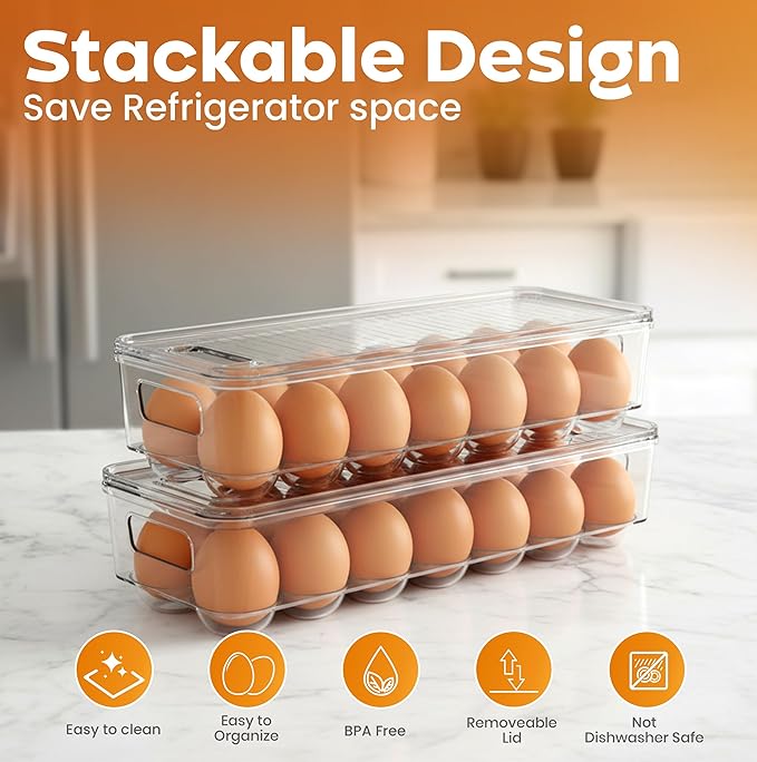 Utopia Home Egg Container With Lid and Handle for Refrigerator - Pack of 1 - Clear Stackable Egg Holder for Kitchen Storage and organization