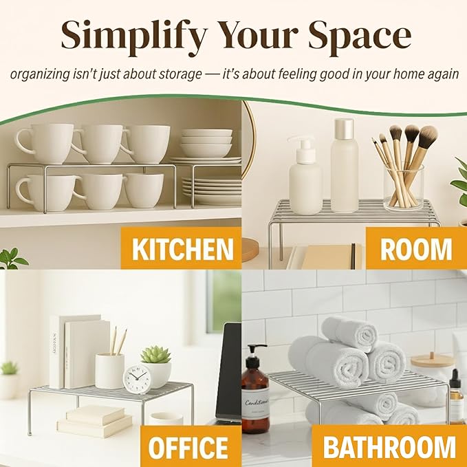 Evelots Kitchen Cabinet Wire Shelf Organizer/Rack - 4 Pack Sturdy Large Metal Shelf Risers - Double Your Counter Space - Great for Kitchen, Freezer, Pantry and Bathroom - Rustproof - Chrome