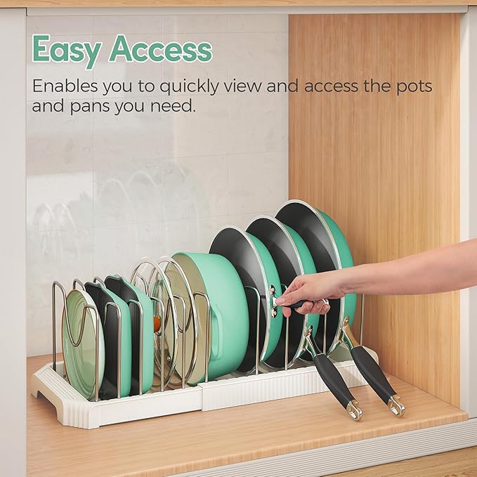 Pots and Pans Organizer for under Cabinet, Pan Pot Organizers inside Cabinet, Expandable Organizer with 10 Adjustable Dividers for Cookie Sheets, Cutting Boards, Pot Lids, Cookware - Frying Pan Rack