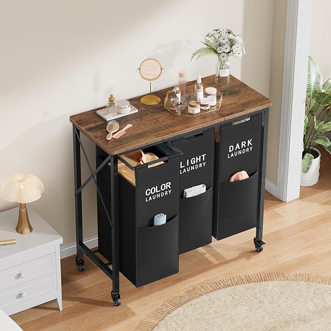 3 Section Laundry Sorter with Ironing Board, Laundry Hamper with Removable Bags, Heavy Duty Rolling Laundry Cart with Lockable Wheels for Bathroom Bedroom, black