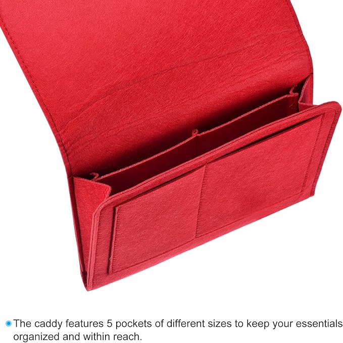PATIKIL 11in Bedside Caddy, Bed Caddy Bedside Organizer Hanging 5 Pocket Soft Felt Bed Pockets Bedside Storage Organizer Remote Control Holder for Bedroom Phones Glasses, Red